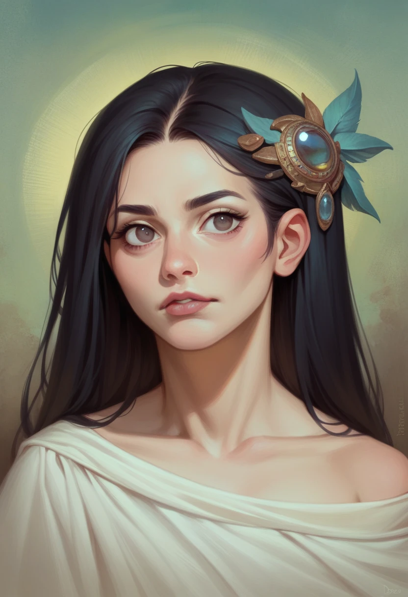 photorealisitic, Lip gloss, painting-like, realisitic, best qualityer, ultra-high resolution, DeepL, pastel colored, natural shading, facefocus, face only, looking ahead at viewer, long hair, hair accessory, Bblack hair, brown, well-detailed eyes, don