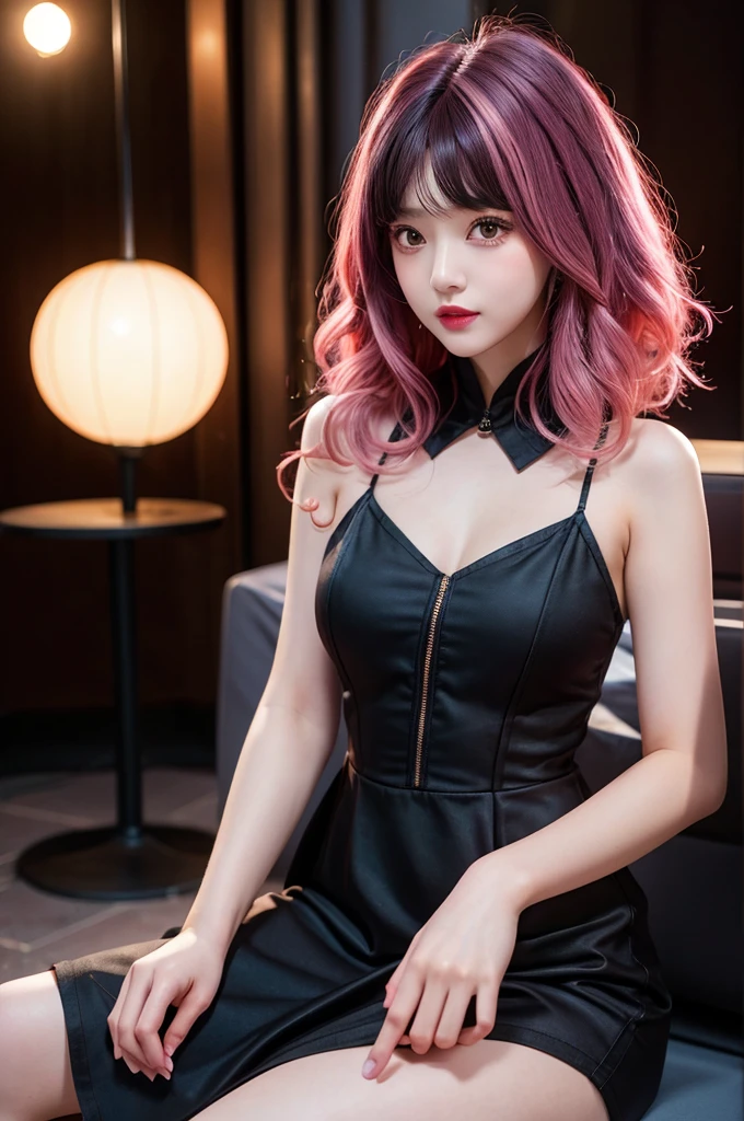 Highest quality,girl,cute,beautiful,Sitting,Brown eyes,pink hair,(black inner hair: 1.3),Curly Hair,Black cabaret dress,