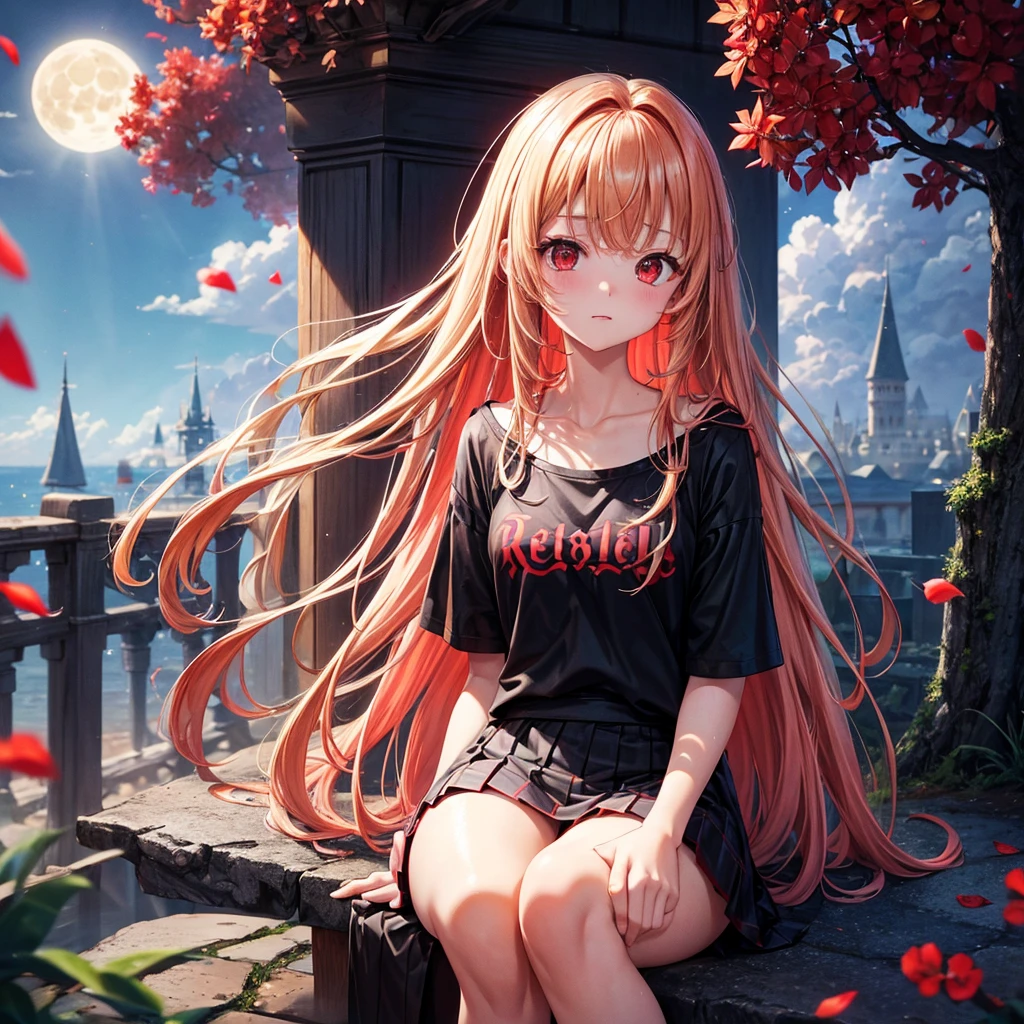 Red-blonde、Red eyes、One cute girl、solo、And soul、Light clothing、Checked mini skirt、petal、Wet hair、Sit on、black t-shirts、large tree、cloud、full moon、monster castle、lanthanum、Hell&#39;s Gate、Craft Gatekeeper、barefoot、Stones are piled up、Devil、Teeth are visible