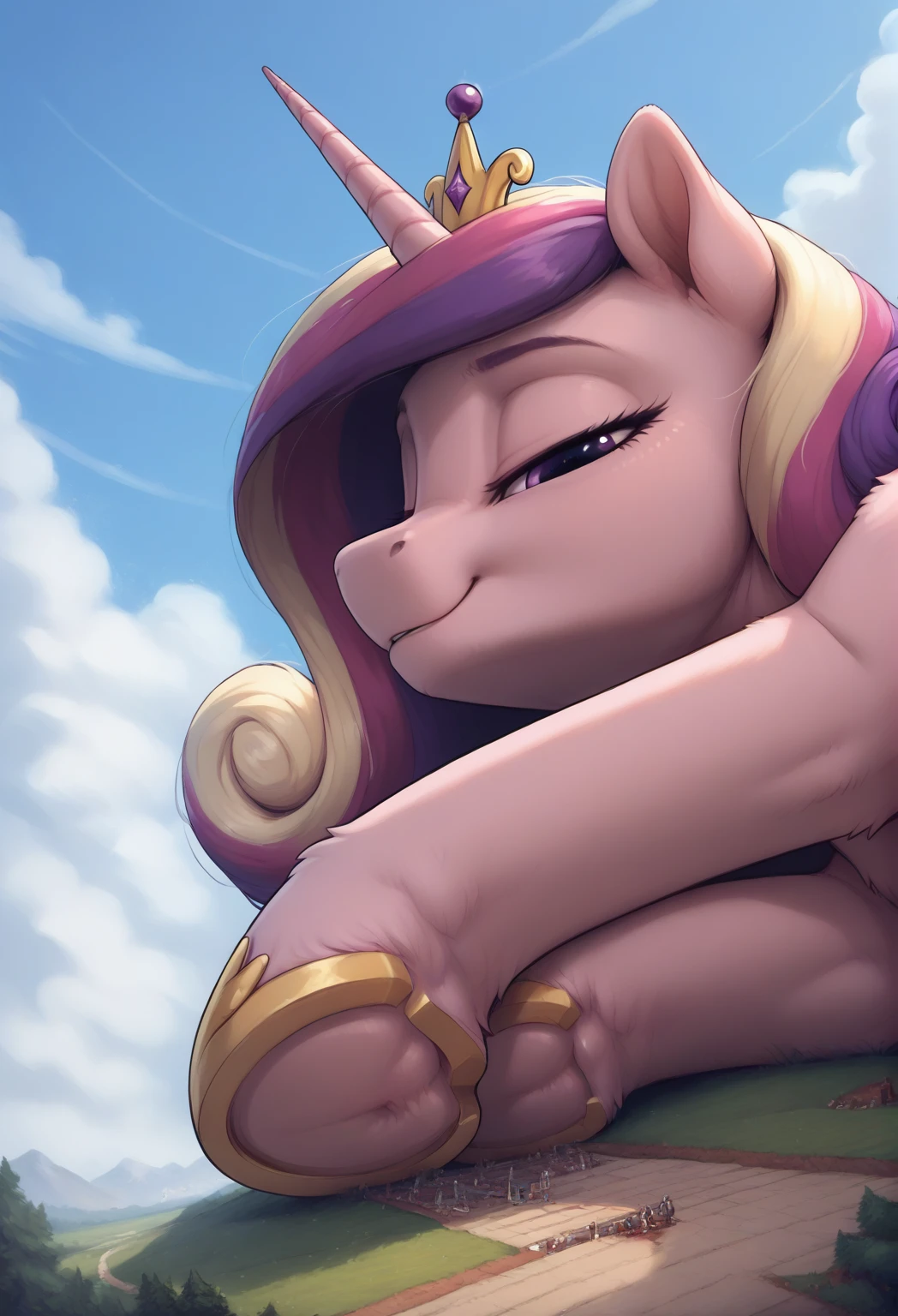 score_9, score_8_up, score_7_up, score_6_up,
(Princess Cadence) fur, body fur, feral, source_pony, pony, cute female, long hair, wings, 
cute, panties
GTS, giantess, macro, (lying on side:1.3), looking back, from back on side view, low angle shot, on all fours:1.5, daytime, outdoors,detailed background, (fisheye:1.2), (perspective:1.3), full body, looming, low angle, from the ground, close-up portrait