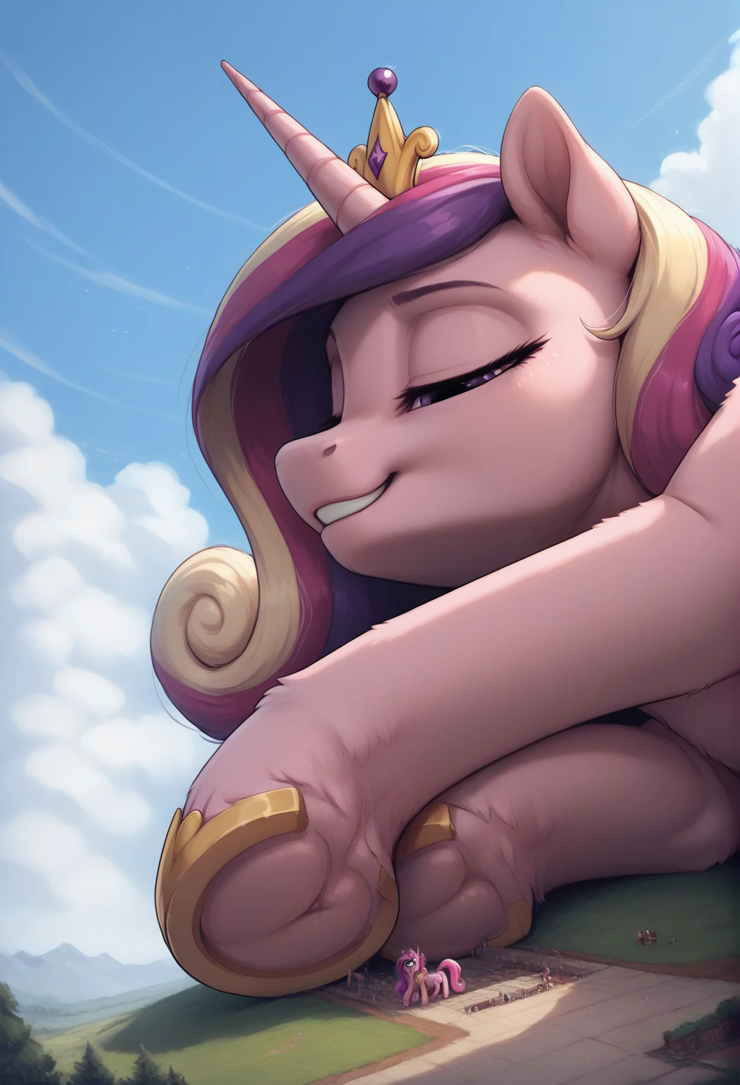 score_9, score_8_up, score_7_up, score_6_up,
(Princess Cadence) fur, body fur, feral, source_pony, pony, cute female, long hair, wings, 
cute, panties
GTS, giantess, macro, (lying on side:1.3), looking back, from back on side view, low angle shot, on all fours:1.5, daytime, outdoors,detailed background, (fisheye:1.2), (perspective:1.3), full body, looming, low angle, from the ground, close-up portrait