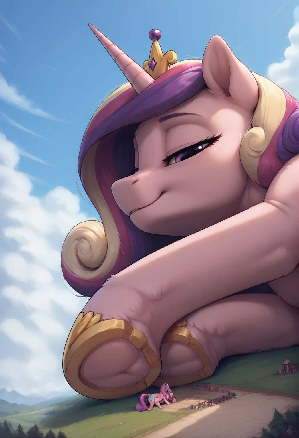 score_9, score_8_up, score_7_up, score_6_up,
(Princess Cadence) fur, body fur, feral, source_pony, pony, cute female, long hair, wings, 
cute, panties
GTS, giantess, macro, (lying on side:1.3), looking back, from back on side view, low angle shot, on all fours:1.5, daytime, outdoors,detailed background, (fisheye:1.2), (perspective:1.3), full body, looming, low angle, from the ground, close-up portrait