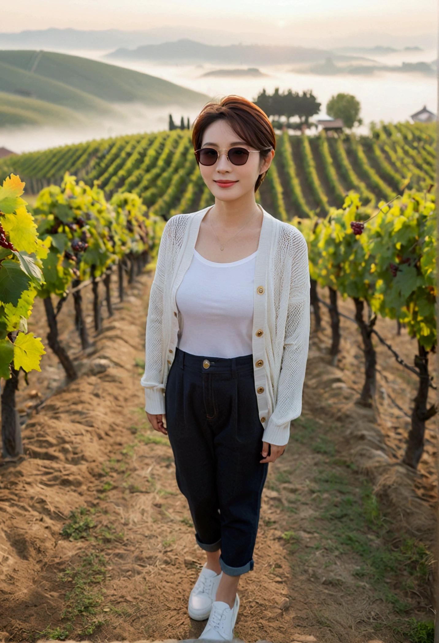 Simul Creativity Advanced Conversion Advanced Download Creation Data Prompt Txt2Img 8k Realistic, lifelike photo,, 36 year old Korean woman, Short in stature, pretty like a model. front view, white shirt and short cardigan, casual pants, short medium hair, smiling, Italy. vineyard, thick dawn fog. vineyard 지나 짙은 안개 속으로 저 멀리 성당이 보인다. Full body shot from afar with a wide angle lens , 1 woman, Short in stature, looking at the camera, superb picture quality, The morning fog thickens, The picture quality is alive.. Full body shot with Canon 16-35 wide angle lens, Wearing sunglasses with black horns and looking to the side., The cathedral is visible in the red morning sunlight.., standing on the hill