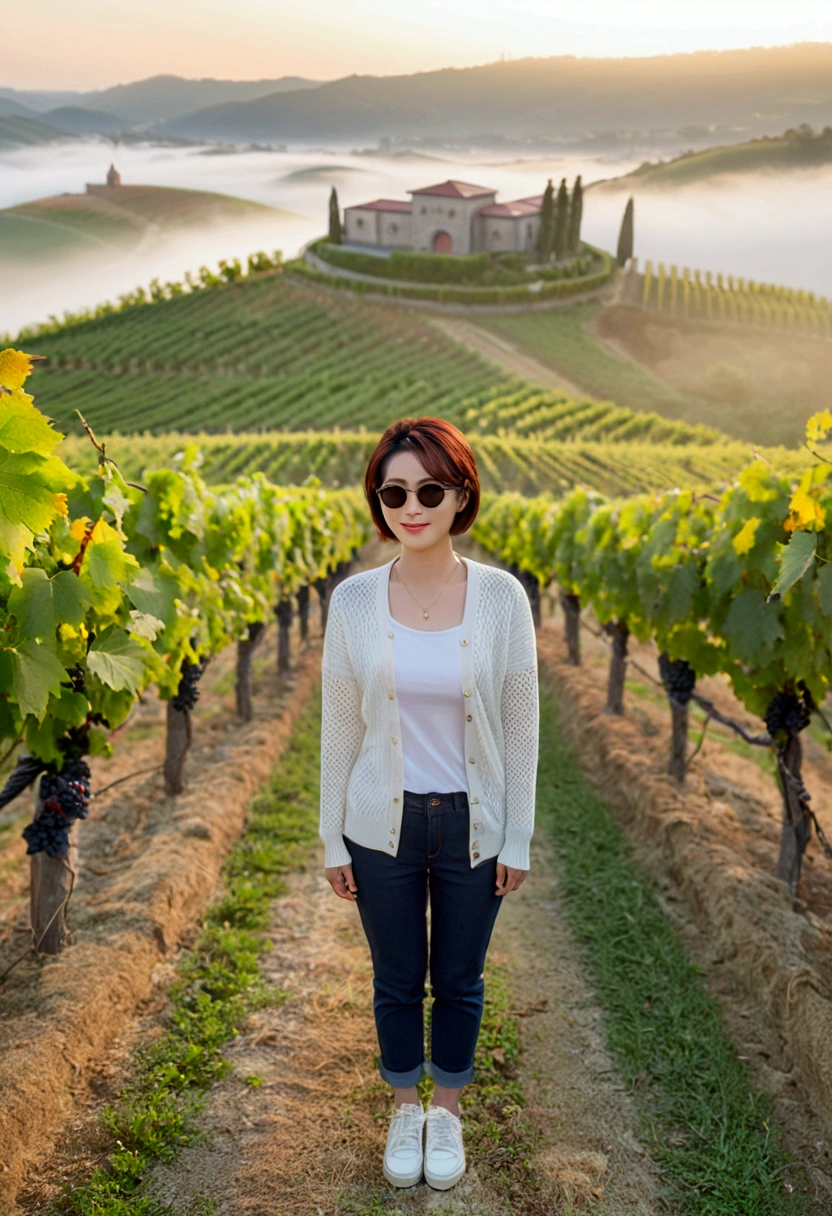 Simul Creativity Advanced Conversion Advanced Download Creation Data Prompt Txt2Img 8k Realistic, lifelike photo,, 36 year old Korean woman, Short in stature, pretty like a model. front view, white shirt and short cardigan, casual pants, short medium hair, smiling, Italy. vineyard, thick dawn fog. vineyard 지나 짙은 안개 속으로 저 멀리 성당이 보인다. Full body shot from afar with a wide angle lens , 1 woman, Short in stature, looking at the camera, superb picture quality, The morning fog thickens, The picture quality is alive.. Full body shot with Canon 16-35 wide angle lens, Wearing sunglasses with black horns and looking to the side., The cathedral is visible in the red morning sunlight.., standing on the hill