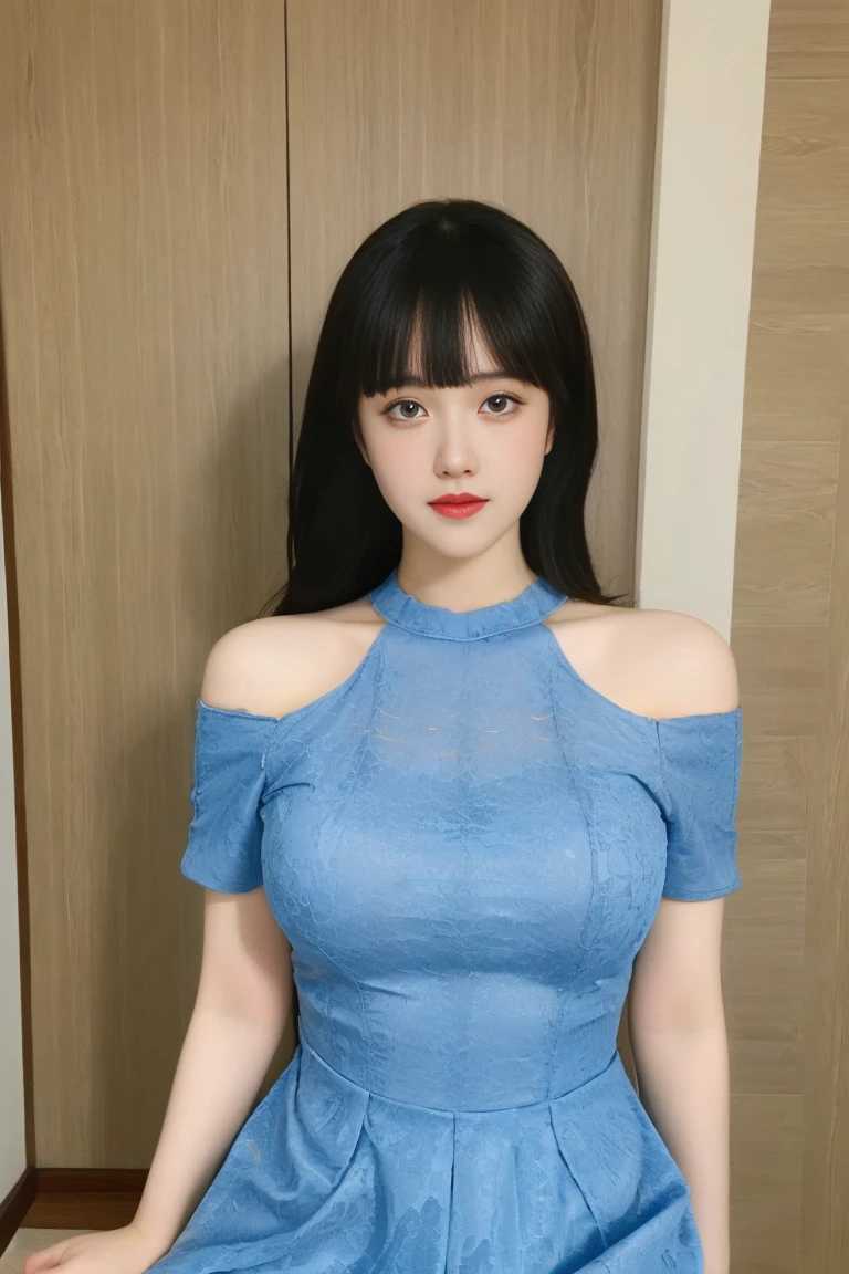 best quality, tmasterpiece,Ultra-high resolution,Clear face,(Reality:1.4),ferpect lighting,(upper body:1.3), (photorealistic:1.50), anime wallpaper, Guviz style artwork, cover-up fantasy up to magic , by Yang J, Guviz, beautiful artwork illustration, beautiful digital artwork, beautiful digital illustration, Li Song, beautiful anime portrait, art style in Beauvot, 1girl,独奏,(huge breasts:1.3),(full body:1.2),blush,
blue lace shoulder dress,dress,bare shoulders,high heels,off shoulder,short dress,(kneeing:1.3), bangs,