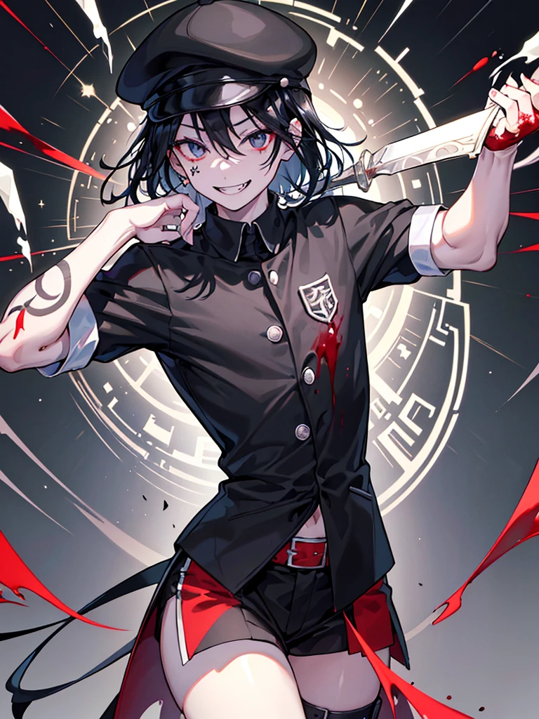 (Tabletop), (Highest quality), (8k)、Very detailed, male1人、Focus Only，Perfect Face、Tying up hair、Black jacket、scary look、Sparkling Eyes、Ruined Background(Black Hair)，(Dark Eyes:1.4）Muscular、Holding a dagger、Shortcutale46歳、male、Tough、scary、Face tattoos、smile、Delivery Person、Black cap、Black Hat、blood droplets、Work clothes、