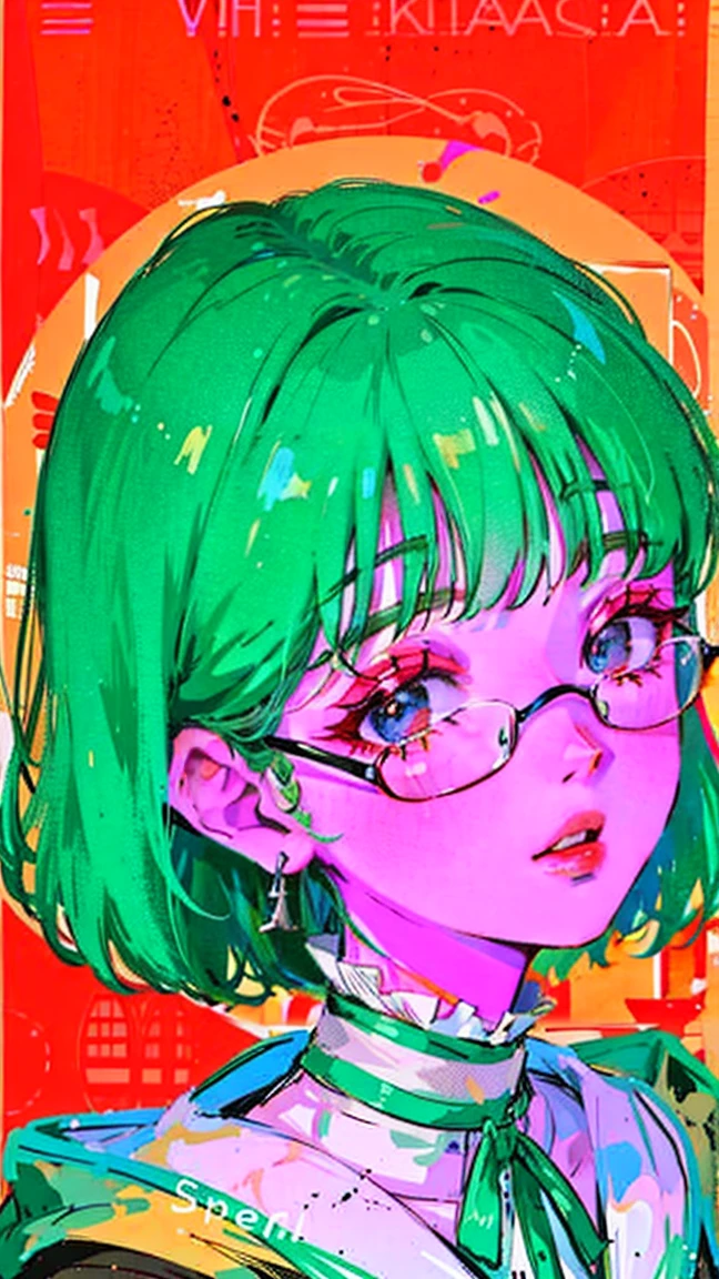(Portraits:1.4), (masterpiece:1.2, best quality:1.2), from above, upper body, 1girl, Look up, face focus, extremely detailed face, extremely detailed eyes, good-looking, make up, fashion wear, earrings, Green hair, short cut, blunt bangs, wearing glasses, innocent, lively, free-spirited, childlike smile, cute smile, Gentle feeling