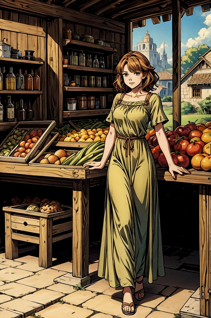 1girl,(anime coloring:1.2), best quality, looking at viewer, short wavy hair, chestnut hair, feminine,(solid Maxi dress), (Light brown color Short sleeve Maxi dress:1.3),Medieval Europe,Ancient Village,Vegetable stall,((Fantasy))