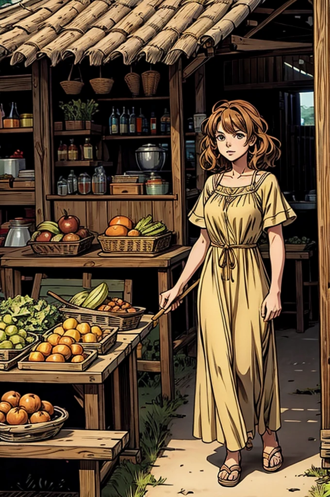 1girl,(anime coloring:1.2), best quality, looking at viewer, short wavy hair, chestnut hair, feminine,(solid Maxi dress), (Light brown color Short sleeve Maxi dress:1.3),Medieval Europe,Ancient Village,Vegetable stall,((Fantasy))