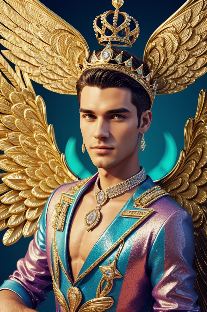 Stylish 3D typography with name "Jonathan" with an elegant crown and fine diamonds with brightly colored sparkles and angel wings, photo, vibrant typographyv0.1, graffiti, illustrations, photo, produit, vogue, 3d rendering.