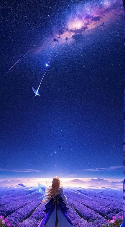 １people々々々々々々々々々,Blonde long-haired woman，Fairy， Dress Silhouette， Rear View，Space Sky, Flower Field，Colorful flowers，Falling Star，