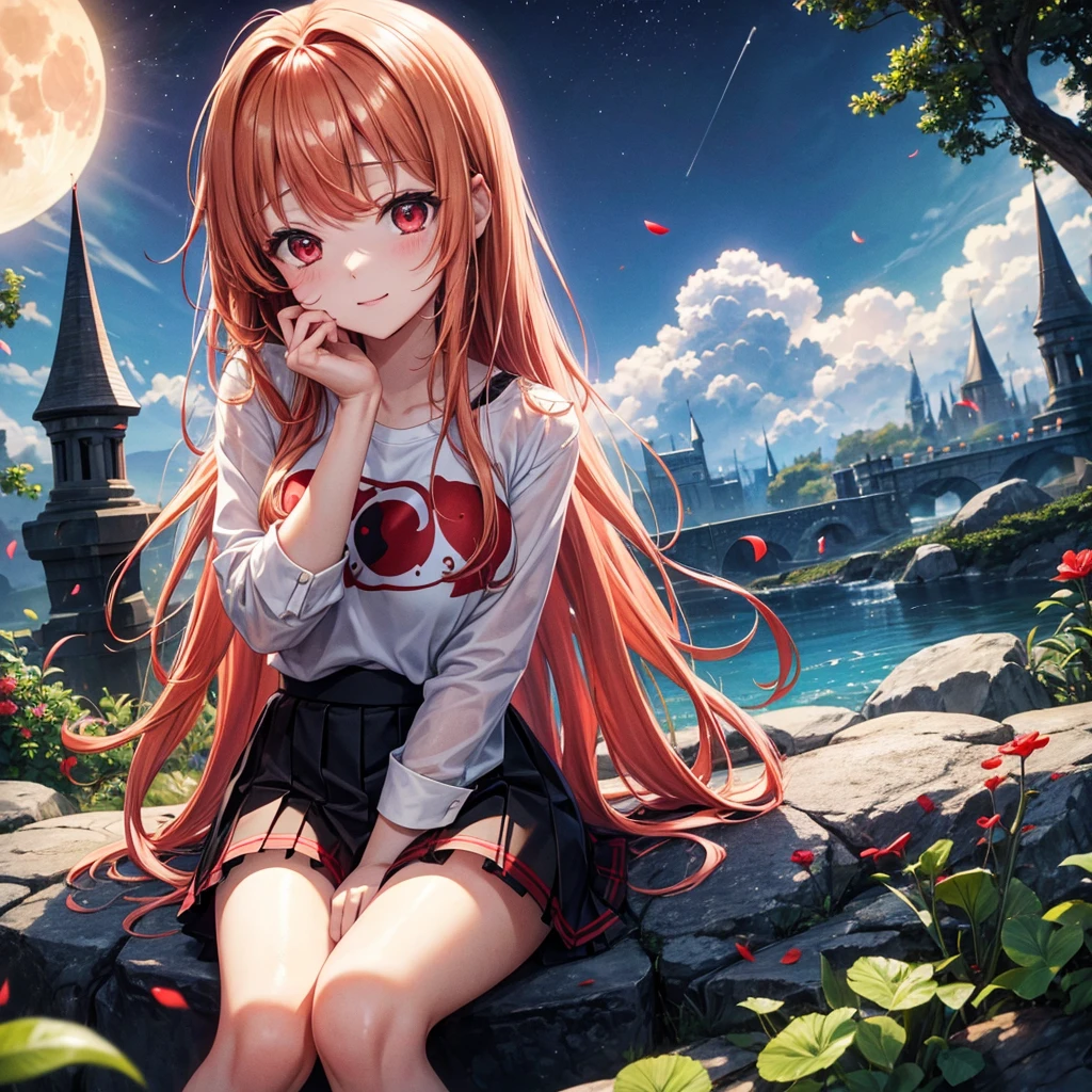 Red-blonde、Red eyes、One cute girl、solo、And soul、Light clothing、Checked mini skirt、petal、Wet hair、Sit on、black t-shirts、large tree、cloud、full moon、monster castle、lanthanum、Hell&#39;s Gate、Craft Gatekeeper、barefoot、Stones are piled up、Devil、Teeth are visible