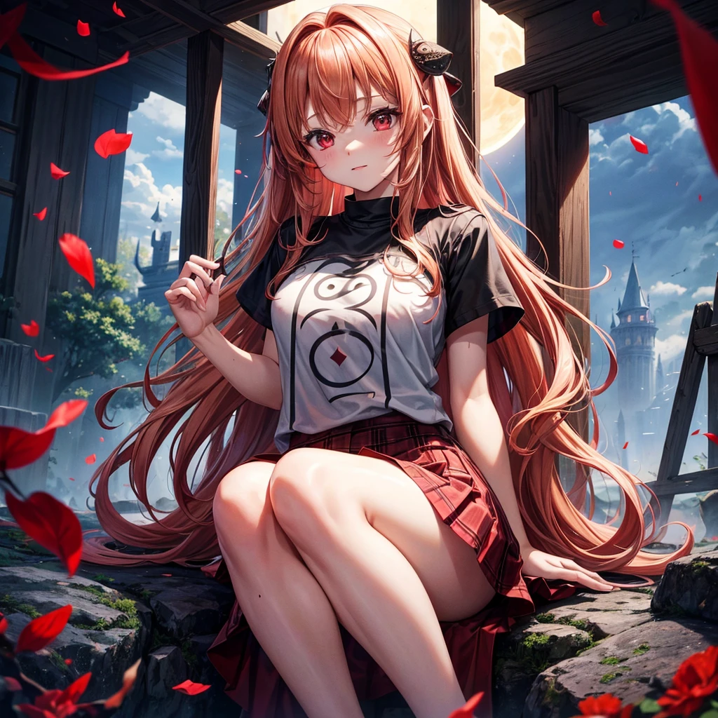 Red-blonde、Red eyes、One cute girl、solo、And soul、Light clothing、Checked mini skirt、petal、Wet hair、Sit on、black t-shirts、large tree、cloud、full moon、monster castle、lanthanum、Hell's Gate、Craft Gatekeeper、barefoot、Stones are piled up、Devil、Teeth are visible