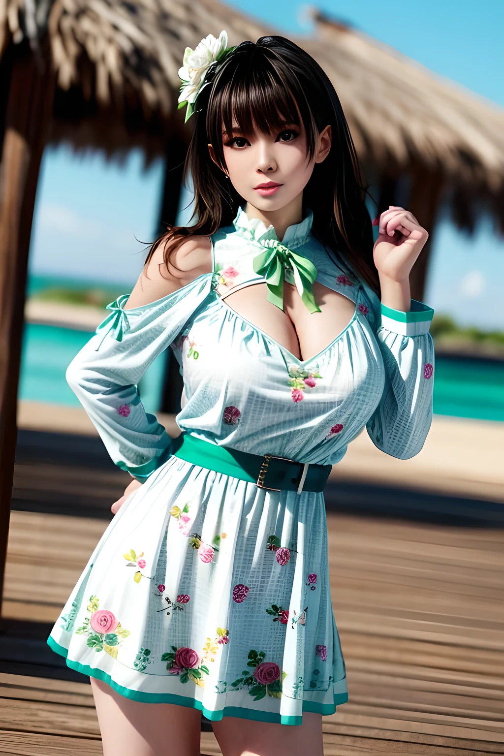 1girl, wearing a light blue floral print dress. The emphasis is on the design of the dress. The top section of the dress is in a wraparound style with a V-neckline and has long, sheer sleeves. There is a fabric belt or sash that is tied into a bow on the left side of the dress, accentuating the waistline. The bottom of the dress has a slight flare, creating a loose and flowing fit. The floral print consists of various flowers and leaves in shades of pink, white, and green, giving the garment a soft and feminine look. The background of the image is pure white, drawing attention to the details of the blouse,huge breasts,Nanami