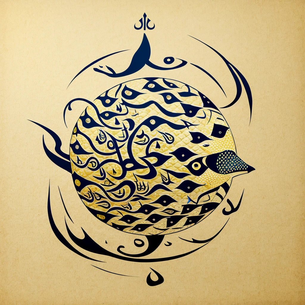 Arabic calligraphy pattern design in round shape,
Japanese puffer fish　blowfish、Blowfish restaurant