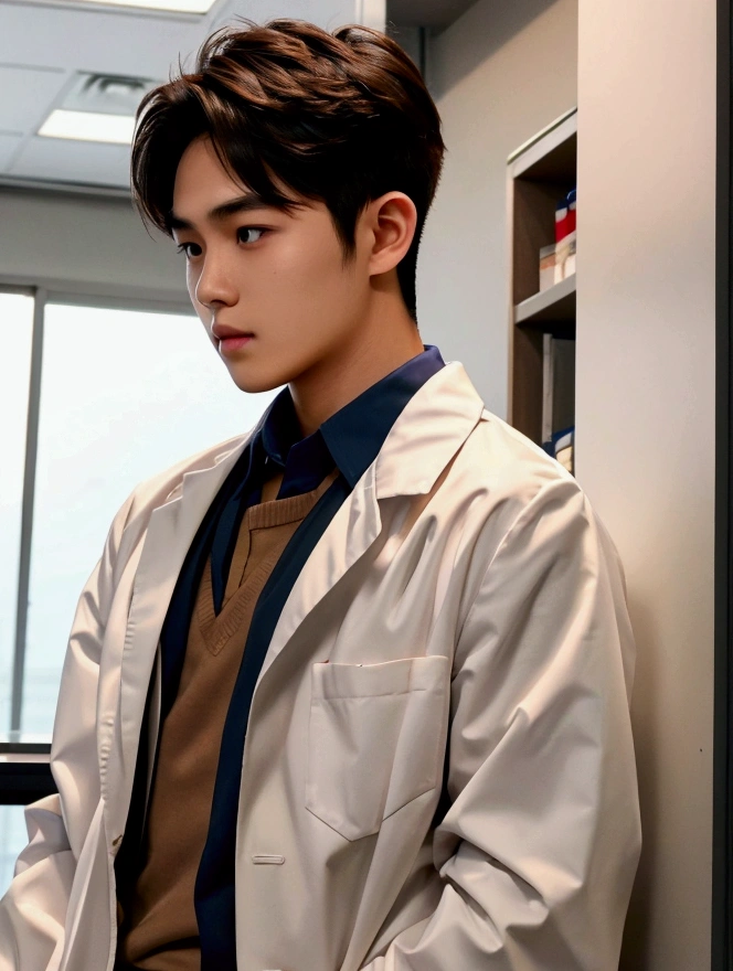 Medium shot,THAI ,Medicine student ,2nd year , cool , hunk, messy brown hair , in university,uniform