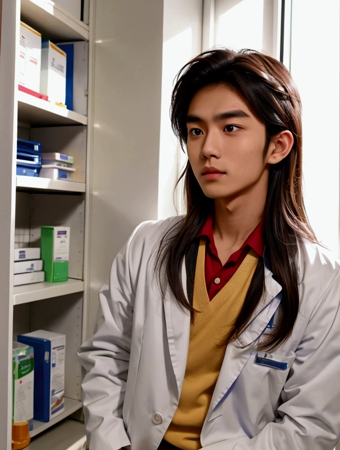 Medium shot,THAI ,Medicine student ,2nd year , cool , hunk, messy brown hair , in university,uniform