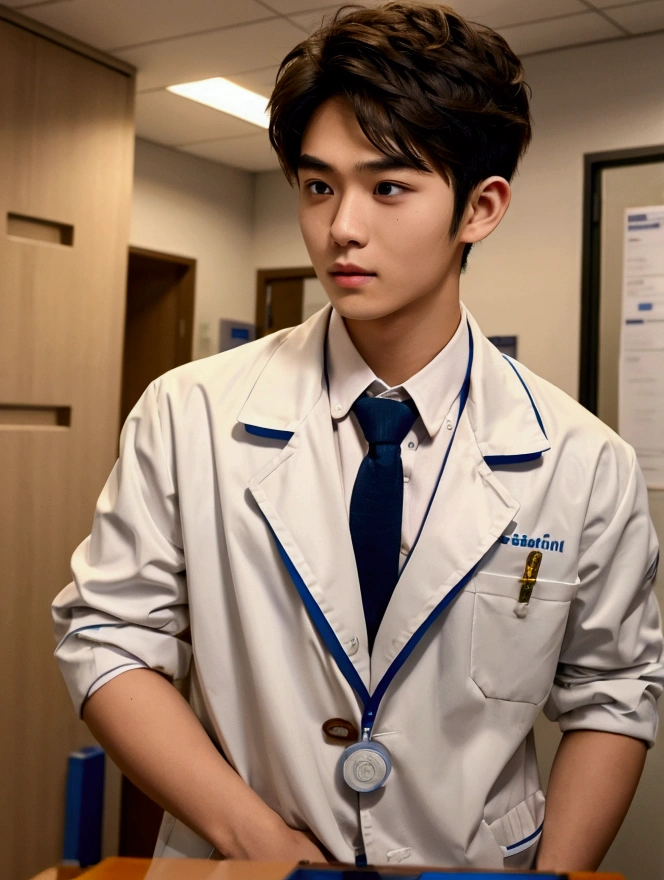 Medium shot,THAI ,Medicine student ,2nd year , cool , hunk, messy brown hair , in university,uniform