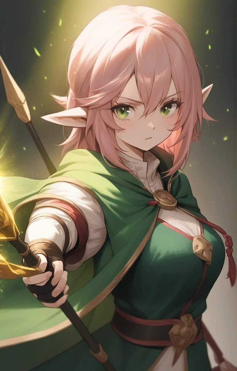 elf, woman, dnd, pink hair, adventurer, green cloak, elegant, wield staff, green eye, sun light, bust shot, flat chest