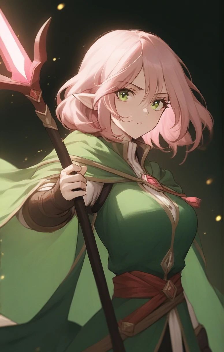 elf, woman, dnd, pink hair, adventurer, green cloak, elegant, wield staff, green eye, sun light, bust shot, flat chest