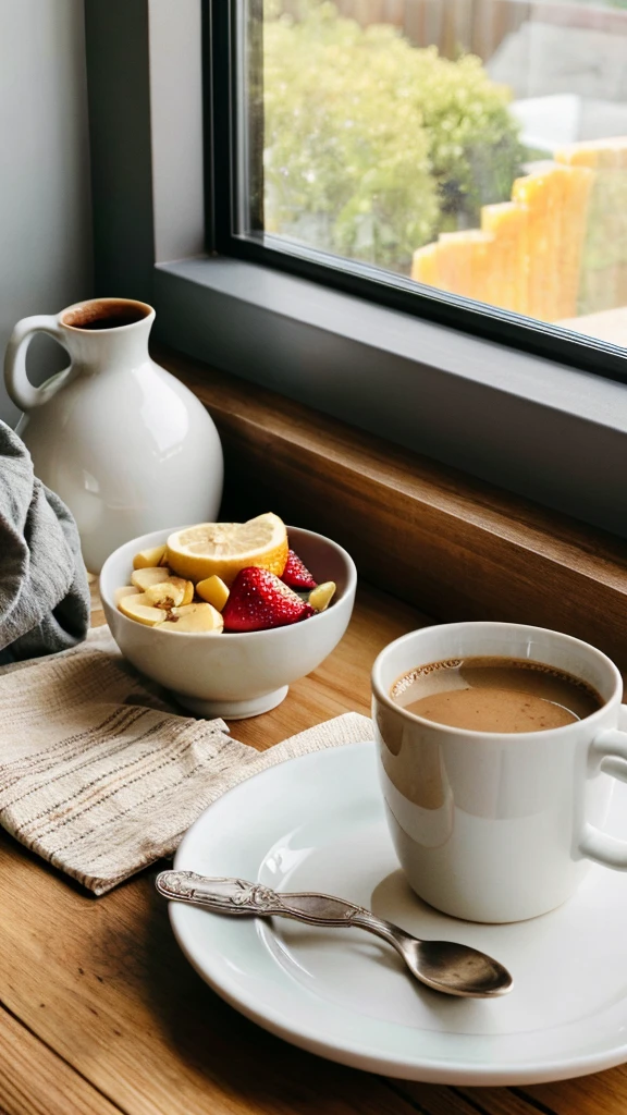 ((best quality)), ((masterpiece)), (detailed), A hyper-realistic, natural photo of a bowl of oatmeal taken with a smartphone by an influencer, showing her breakfast. The oatmeal is topped with fresh fruits like strawberries, blueberries, and banana slices, with a drizzle of honey on top. The bowl is placed on a wooden table with a cozy, morning ambiance. In the background, there's a cup of coffee, a spoon, and a napkin, all arranged casually. The lighting is soft and natural, coming from a nearby window, creating a warm and inviting atmosphere. The photo is highly detailed, capturing the texture of the oatmeal, the freshness of the fruits, and the slight reflections on the honey. The image looks like it was posted on social media, with an authentic and unfiltered feel.