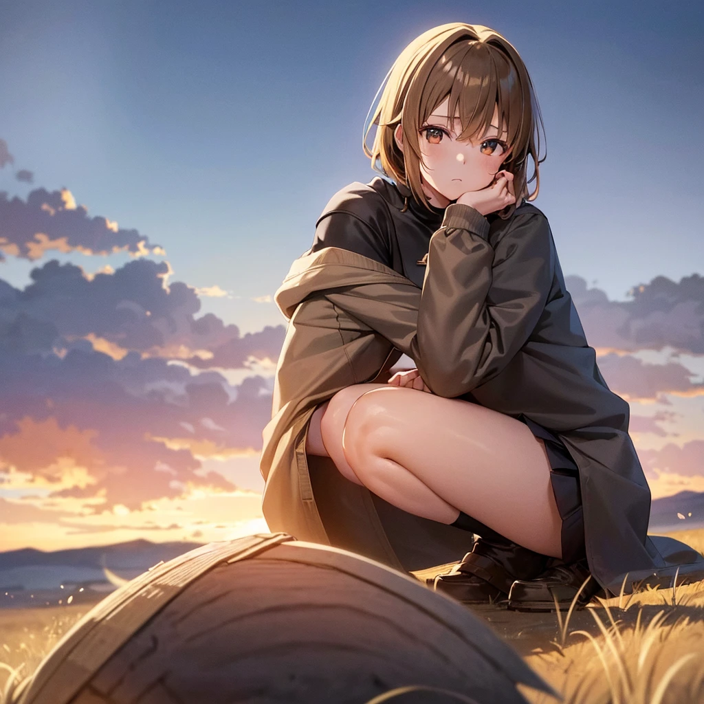 asuna, sao, crown half up hairstyle, squatting, very short hair, light brown hair, animal ears, large breasts, jacket|hoodie, black gauze skirt, pale blue Clothes, dusk, dusk sky, landscapes, very fine 8KCG wallpaper, UHD, masterpiece, accurate, anatomically correct, 8k, retina