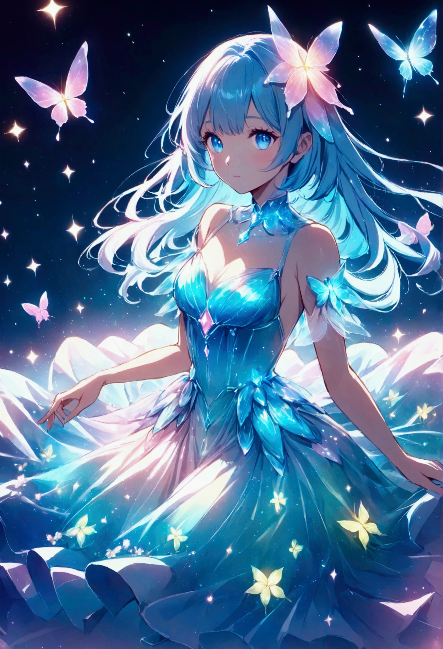 Create an anime-style digital illustration featuring a young woman with short, pastel blue hair and striking blue eyes. She should be wearing a white, flowy dress that shimmers with reflective light. The background should be ethereal, with soft pink and blue hues, giving a dreamlike atmosphere. Include elements like delicate glowing butterflies and sparkling light effects to enhance the magical feel of the scene. Ensure the lighting highlights the character's features, adding a soft glow around her to create a serene and enchanting mood.bioluminescent dress