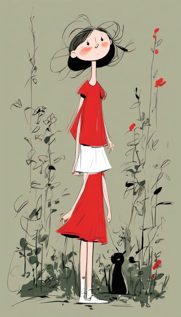 (((Exaggerated digital character sketches:1.37))).(Little girl in the garden,Red Dress),(Black sketch lines,Loose brushstrokes create the outline,Cartoon Style. Bright colors and simplified lines, sketch)。(Exaggerated body movements),