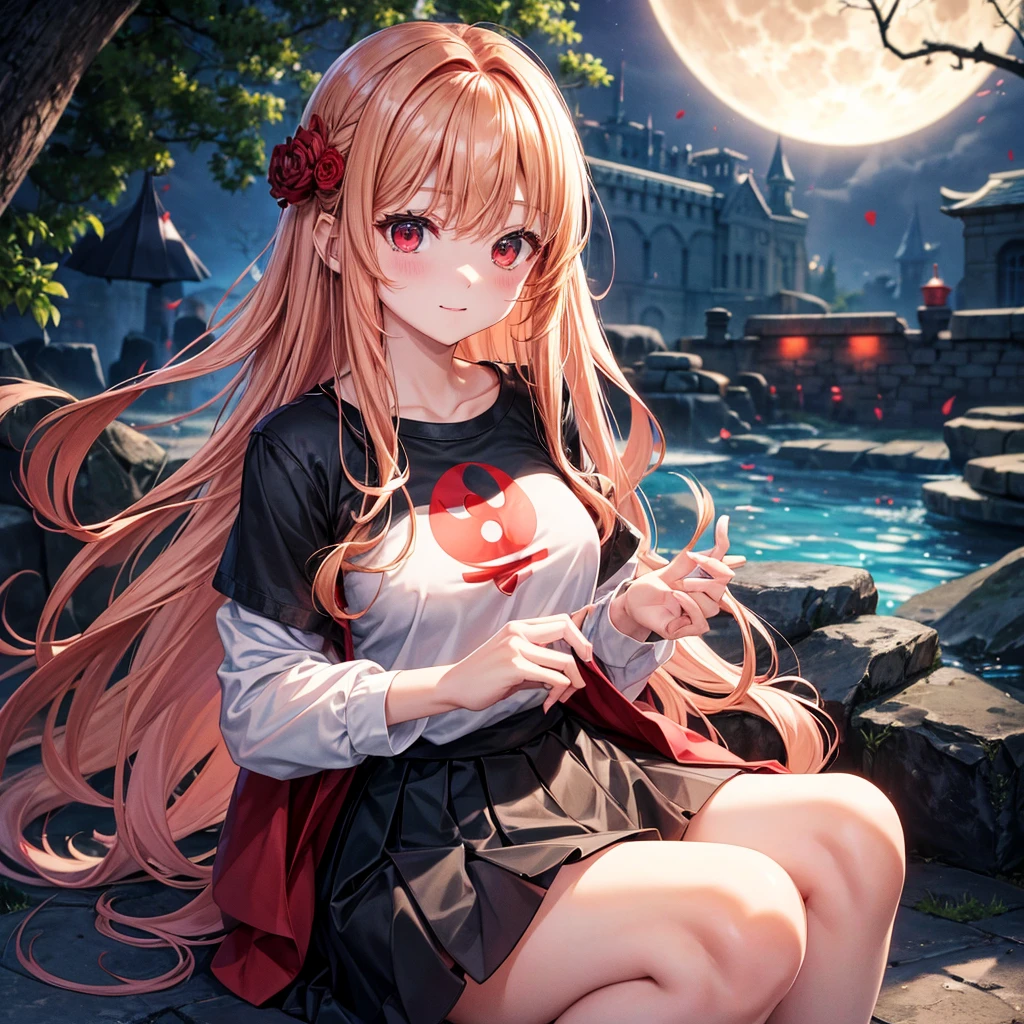 Red-blonde、Red eyes、One cute girl、solo、And soul、Light clothing、Checked mini skirt、petal、Wet hair、Sit on、black t-shirts、large tree、cloud、full moon、monster castle、lanthanum、Hell&#39;s Gate、Craft Gatekeeper、barefoot、Stones are piled up、Devil、Teeth are visible