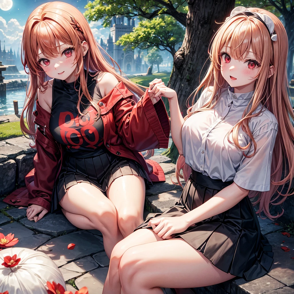 Red-blonde、Red eyes、One cute girl、solo、And soul、Light clothing、Checked mini skirt、petal、Wet hair、Sit on、black t-shirts、large tree、cloud、full moon、monster castle、lanthanum、Hell&#39;s Gate、Craft Gatekeeper、barefoot、Stones are piled up、Devil、Teeth are visible
