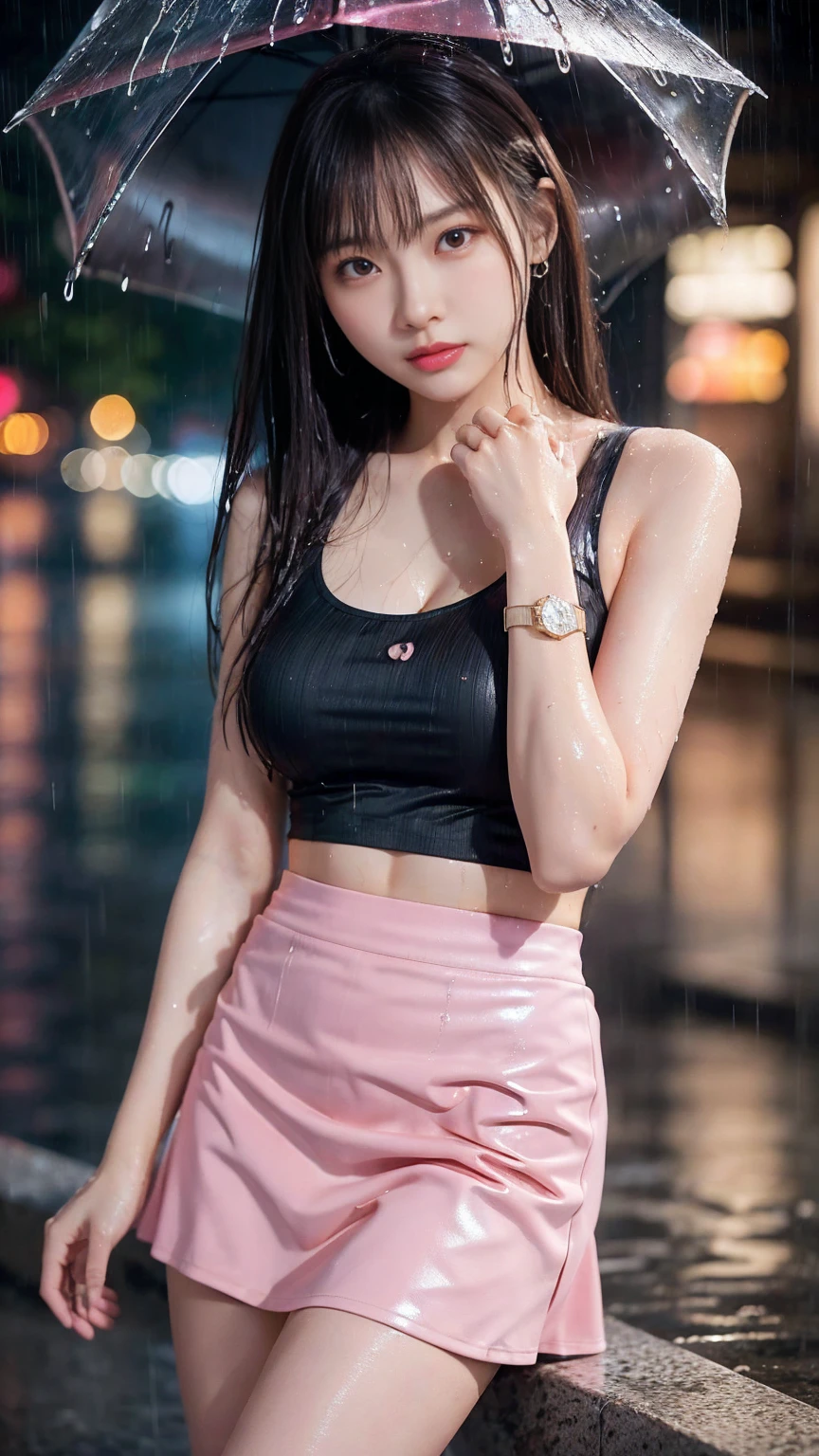 (Realistic:1.5, 16K, Highest quality, masterpiece, Ultra-high resolution), ((Typhoon heavy rain, From below)), Perfect dynamic composition:1.2, (Modern city at night, Expressions of sadness:0.9, Sit on the stairs:1.0), Highly detailed skin and facial textures:1.2, Young Japanese woman getting wet in the rain:1.3, Incredibly slim body:1.2, Fair skin:1.2, Sexy beauty:1.1, beautifully、aesthetic:1.1, Very beautiful face:1.2, Water droplets on the skin, (Rain drips down on my body:1.2, Wet body:1.2, Wet Hair:1.3), (Wet pink tight skirt:1.2, Wearing wet casual clothes:1.3), (Shapely large breasts, Chest gap), (Big eyes that exude beautiful eroticism:0.8, Lips that exude beautiful eroticism:0.8), necklace, Earrings, bracelet, wedding ring, Shoulder bag, clock, Cowboy Shot
