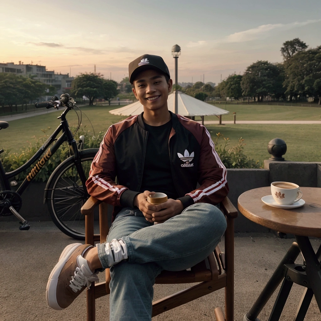 Cinematic photo of a young man from Indonesia with close-cropped hair, baseball cap, black t-shirt, red and white striped jacket with the 'adidas' logo, long jeans, sneakers, sitting on a long chair, there is a table with a cup of cafe shop coffee, in front of the park, bring a bicycle, and a calm view. The sky is the color of dusk, and the sun casts a warm golden glow across the stunning view while smiling at the camera