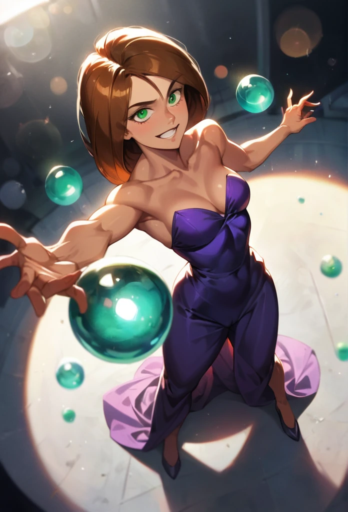 score_9, score_8_above, score_7_above, score_6_above, score_5_above, (high quality, detailed, beautiful), detailed soft lighting, classification_explicit, 1 girl, Kim Possible, Brown hair, who is standing at a big party, looking sexy, beautiful eyes, Open eyes, smiling, (green lantern costume:1.2), (darkness:1.2), (full body portrait:1.2), camel toe, sharp focus, portrait, studio lighting, bokeh, (masterpiece, Best Quality), (High resolution), perfect face, flawless, professional artwork, art station, cinematic lighting, beautiful face, beautiful eyes, large eyes, bright Eyes, beautiful smile, perfect hands, anatomically correct, perfect anatomy. violet dress color. He raised his hand and a blue crystal ball emerged from his palm, radiating a lot of magic.