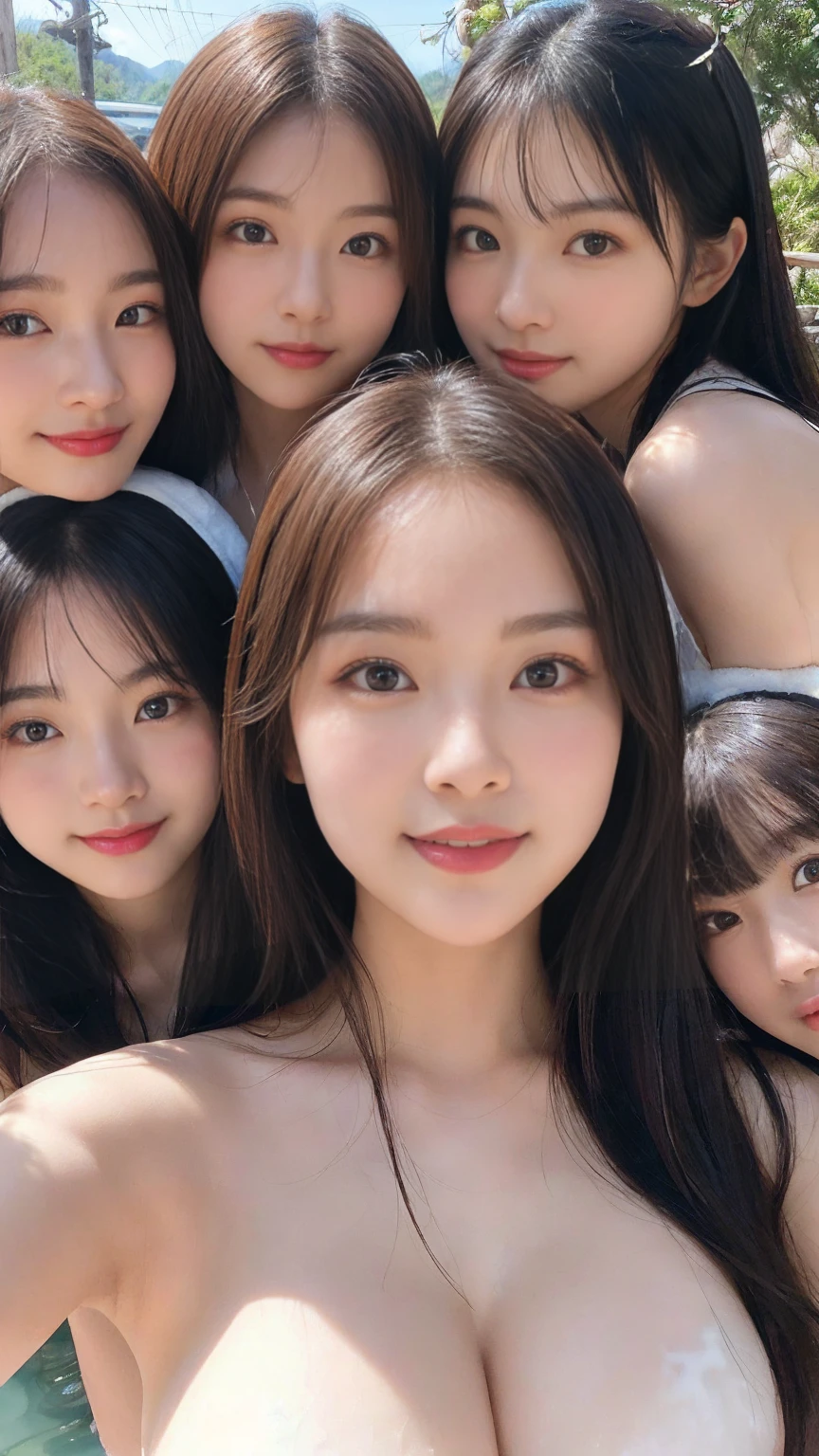 ((Highest quality、masterpiece、8k、Best image quality、Ultra-high resolution、Award-winning works)、(Group photo of five women naked from the chest up:1.2)、(5人の美しい女性の裸Faceのクローズアップ:1.2)、(Accurate anatomy:1.1)、(Soak shoulder-deep in hot springs:1.2)、(Look at me and smile:1.1)、Ultra-high resolutionの輝く色白美肌、The most detailed face、Ultra-high resolutionの詳細な顔、Ultra-high resolutionの髪の毛、Ultra-high resolutionの煌めく瞳、Beautiful face drawn in every detail、(Close-up of five beautiful women'Face:1.2)、(Blurred Background:1.1)、very bright and vivid、美しい日本の女優Face、(A hot spring rich in nature, nestled in a hidden area deep in the mountains:1.1)、Perfect and accurate onsen、(White thick fog:1.2)、Hot spring steam