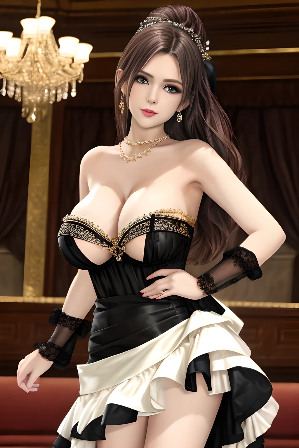 1girl is wearing an elegant black strapless dress. The dress is beautifully designed with ruching on the bodice and a cascading ruffled asymmetrical hem, adding a playful and chic touch to the outfit. The person is standing upright, with one hand gently touching their leg and the other hand relaxed by their side. The background is plain and neutral, drawing attention to the dress itself. The lighting is soft, highlighting the details of the dress and creating a fashionable and stylish atmosphere,, huge breasts, elise