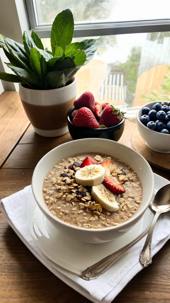 ((best quality)), ((masterpiece)), (detailed), A hyper-realistic, natural photo of a bowl of oatmeal taken with a smartphone by an influencer, showing her breakfast. The oatmeal is topped with fresh fruits like strawberries, blueberries, and banana slices, with a drizzle of honey on top. The bowl is placed on a wooden table with a cozy, morning ambiance. In the background, there's a cup of coffee, a spoon, and a napkin, all arranged casually. The lighting is soft and natural, coming from a nearby window, creating a warm and inviting atmosphere. The photo is highly detailed, capturing the texture of the oatmeal, the freshness of the fruits, and the slight reflections on the honey. The image looks like it was posted on social media, with an authentic and unfiltered feel.