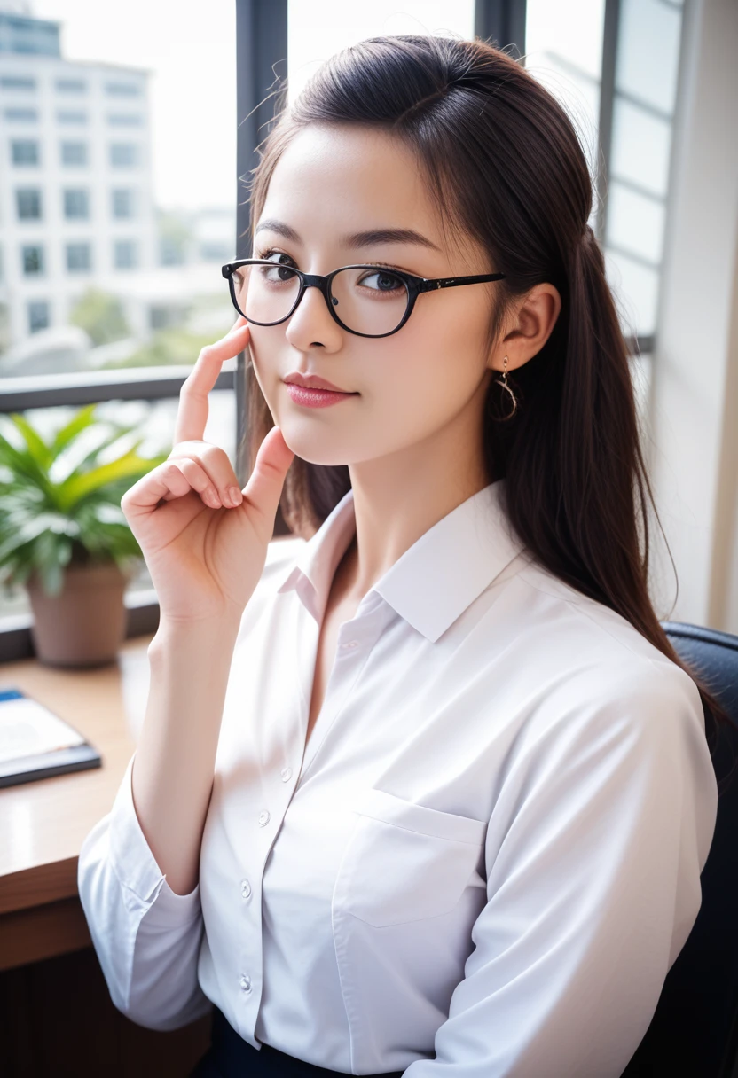 8k, raw photo, best quality, masterpiece, realistic, photo realistic, clear, professional lighting, beautiful face, best quality,ultra high res, realistic japanese beautiful, Super detailed, 1girl, clothed, indoor, adjusting eyewear
