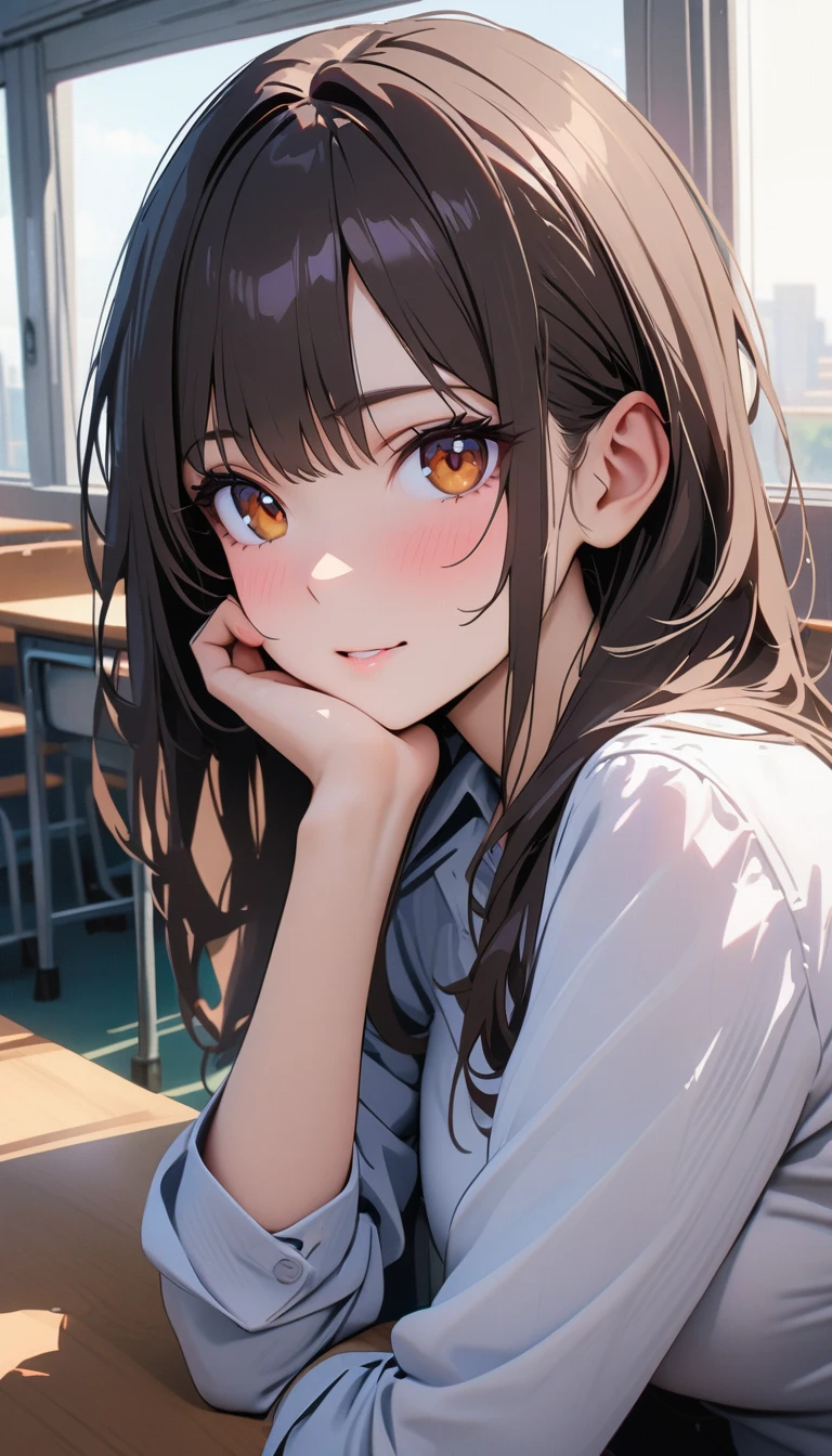 modern, Verism, masterpiece, textured skin, super detail, best quality, 4K , A beautiful woman ,short bobbed dark brown hair , she is resting her chin on her hand, looking at the camera, The setting is inside a high school classroom during the day.
