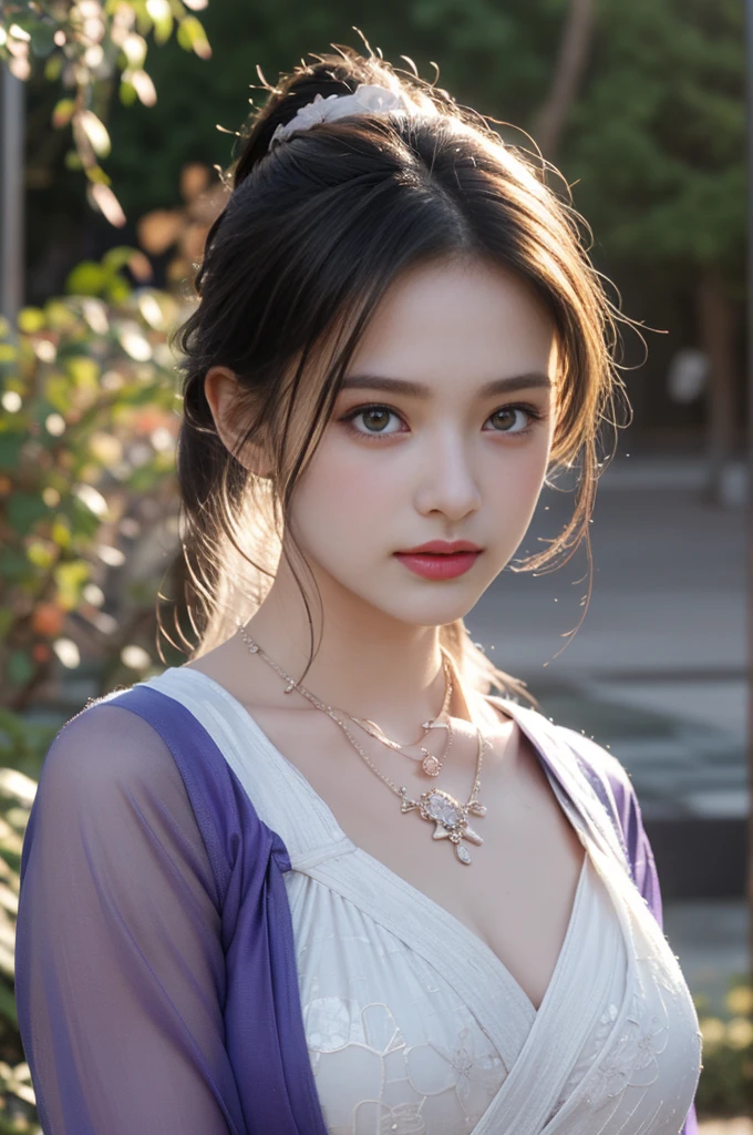 1 beautiful girl in Hanfu costume, ((black thin purple silk shirt with a lot of texture)), white lace top, long purple platinum ponytail Hair, Jewelry, ear jewelry, necklaces and necklaces, carefully drawn big purple eyes, makeup careful, thin eyebrows, high nose, beautiful red lips, no smile, pursed lips, rosy cheeks, wide breasts, big breasts, proportional breasts, slim waist, purple fishnet socks, chinese hanfu style, fictional art texture, colorful bright and realistic, RAW Photo, Realistic Photo, ultra high quality 8k surreal photo, (effective fantasy light effect: 1.8), 10x pixels, magical effect (Background): 1.8), ultradetailed eyes, full body portrait of girl , Chinese royal garden background, dynamic pose