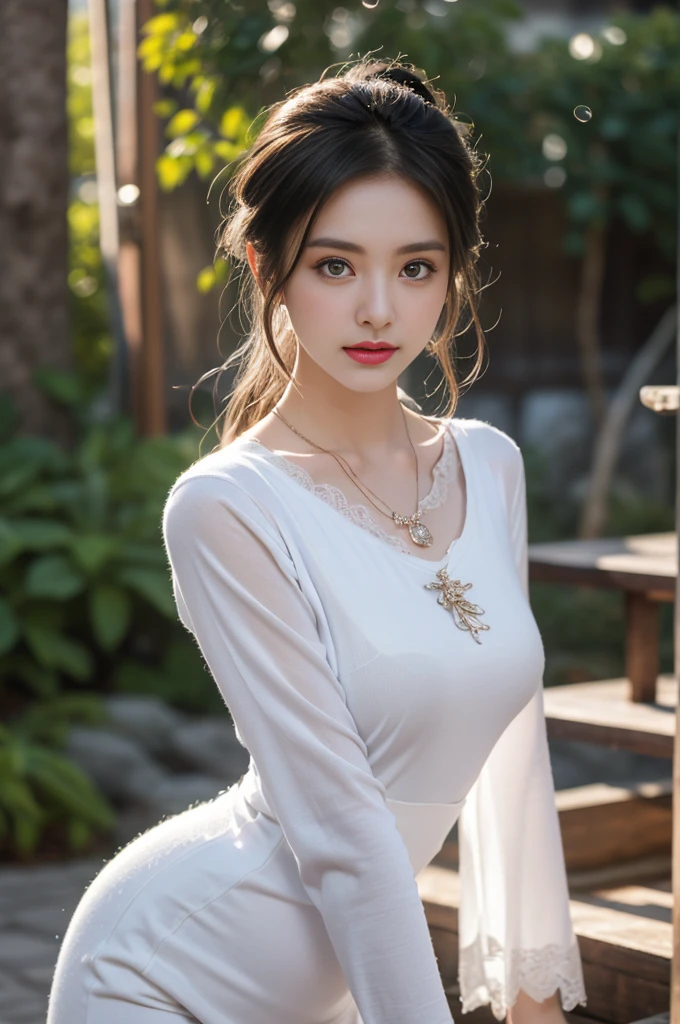 1 beautiful girl in Hanfu costume, ((white thin purple silk shirt with a lot of texture)), white lace top, long purple platinum ponytail Hair, Jewelry, ear jewelry, necklaces and necklaces, carefully drawn big purple eyes, makeup careful, thin eyebrows, high nose, beautiful red lips, no smile, pursed lips, rosy cheeks, wide breasts, big breasts, proportional breasts, slim waist, purple fishnet socks, chinese hanfu style, fictional art texture, colorful bright and realistic, RAW Photo, Realistic Photo, ultra high quality 8k surreal photo, (effective fantasy light effect: 1.8), 10x pixels, magical effect (Background): 1.8), ultradetailed eyes, full body portrait of girl , Chinese royal garden background, dynamic pose