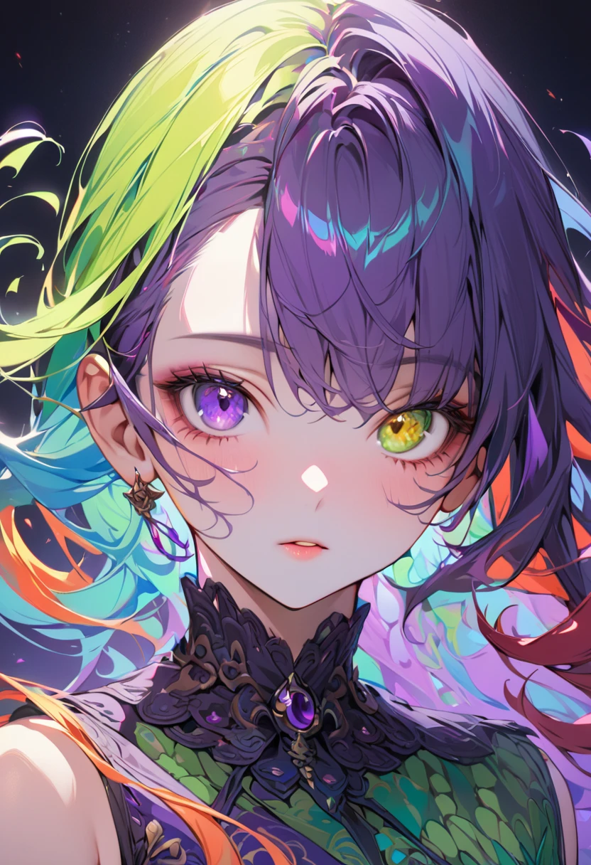 1girl, masterpiece, best quality, absurdres, surreal portrait, vibrant complementary colors, half face blue half face orange, heterochromia with one purple eye and one yellow eye, hair split into red and green sections, wearing a dress with violet and lime green patterns, background split diagonally with cyan and crimson, ethereal glow, intricate details, hyper-realistic texture,cowboy shot