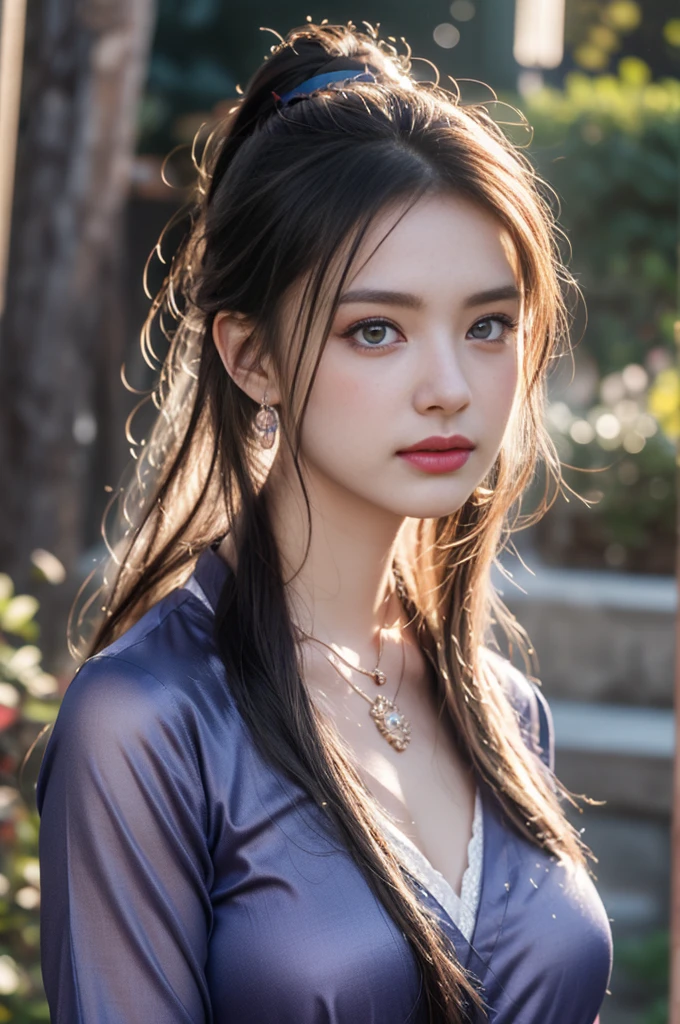 1 beautiful girl in Hanfu costume, ((black thin purple silk shirt with a lot of texture)), white lace top, long purple platinum ponytail Hair, Jewelry, ear jewelry, necklaces and necklaces, carefully drawn big purple eyes, makeup careful, thin eyebrows, high nose, beautiful red lips, no smile, pursed lips, rosy cheeks, wide breasts, big breasts, proportional breasts, slim waist, purple fishnet socks, chinese hanfu style, fictional art texture, colorful bright and realistic, RAW Photo, Realistic Photo, ultra high quality 8k surreal photo, (effective fantasy light effect: 1.8), 10x pixels, magical effect (Background): 1.8), ultradetailed eyes, full body portrait of girl , Chinese royal garden background, dynamic pose