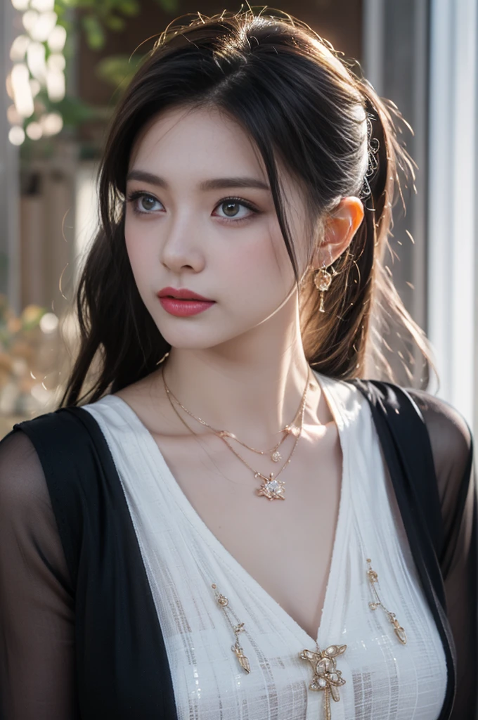 1 beautiful girl in Hanfu costume, ((black thin purple silk shirt with a lot of texture)), white lace top, long purple platinum ponytail Hair, Jewelry, ear jewelry, necklaces and necklaces, carefully drawn big purple eyes, makeup careful, thin eyebrows, high nose, beautiful red lips, no smile, pursed lips, rosy cheeks, wide breasts, big breasts, proportional breasts, slim waist, purple fishnet socks, chinese hanfu style, fictional art texture, colorful bright and realistic, RAW Photo, Realistic Photo, ultra high quality 8k surreal photo, (effective fantasy light effect: 1.8), 10x pixels, magical effect (Background): 1.8), ultradetailed eyes, full body portrait of girl , Chinese royal garden background, dynamic pose