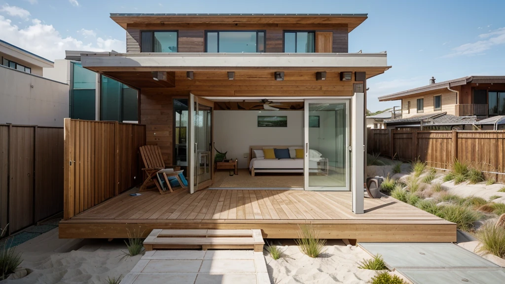 Create an image of a modern beach house. Use materials like wood, glass, and concrete. Include large sliding glass doors, a flat roof with a sun deck, and an open floor plan. The landscape should feature sandy surroundings, beach grass, and a path leading to the ocean.