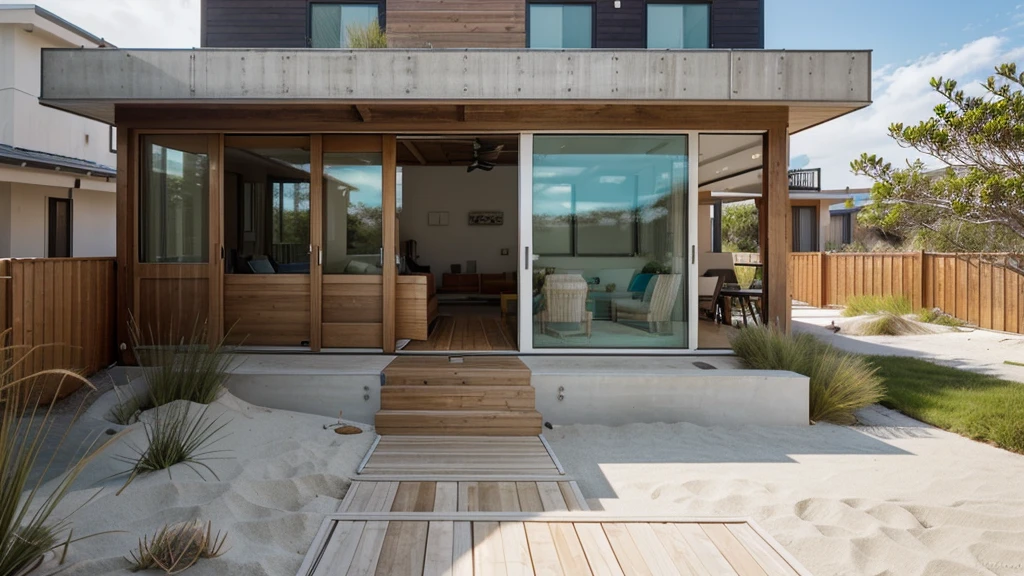 Create an image of a modern beach house. Use materials like wood, glass, and concrete. Include large sliding glass doors, a flat roof with a sun deck, and an open floor plan. The landscape should feature sandy surroundings, beach grass, and a path leading to the ocean.