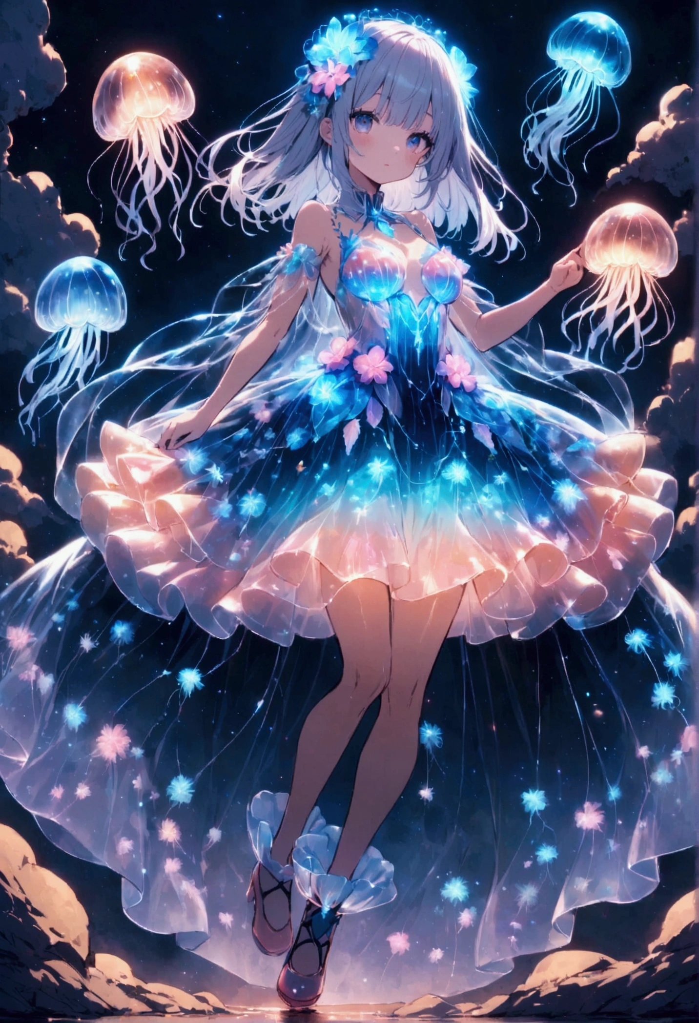 Anthropomorphic jellyfish,bioluminescent dress