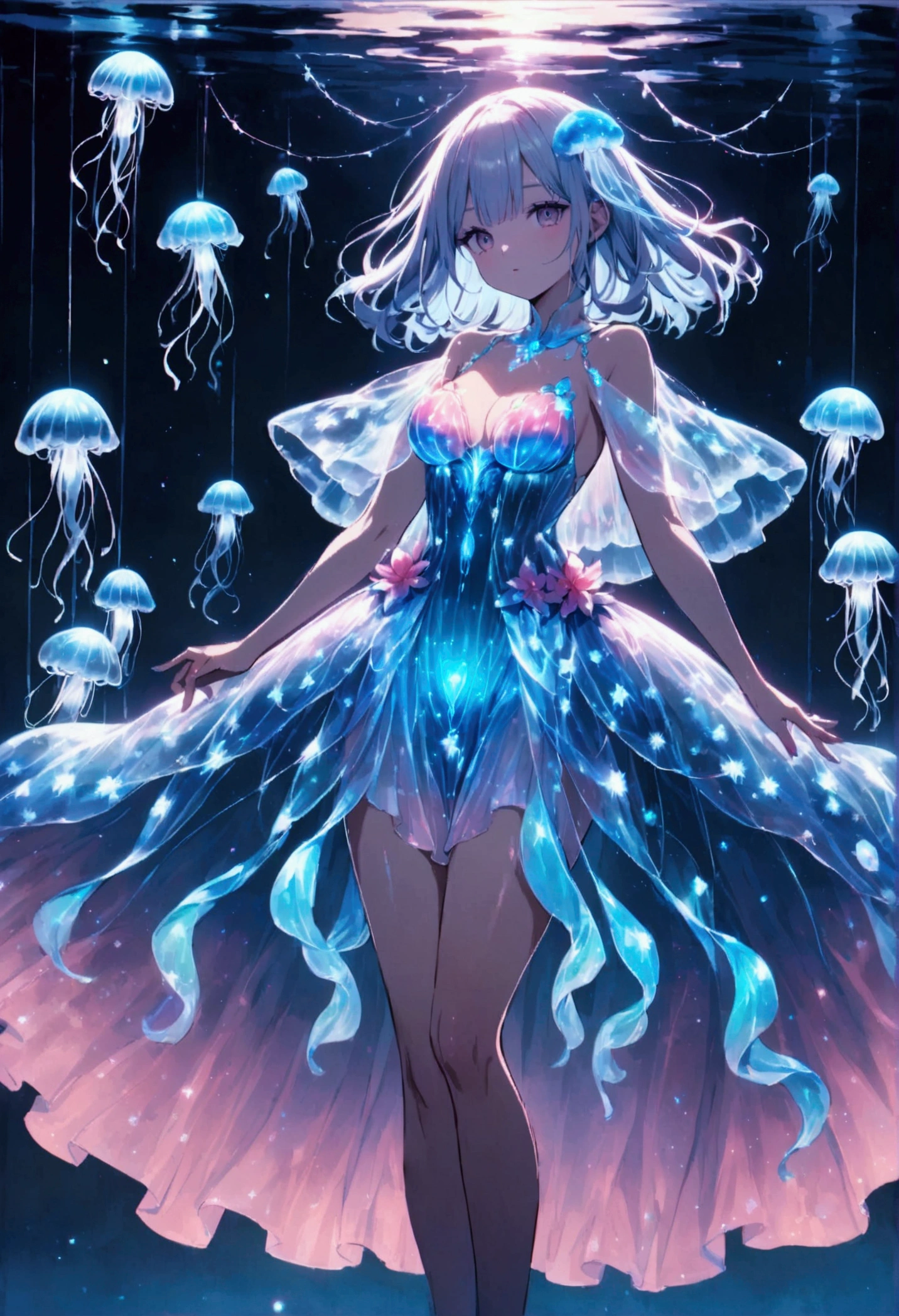 Anthropomorphic jellyfish,bioluminescent dress