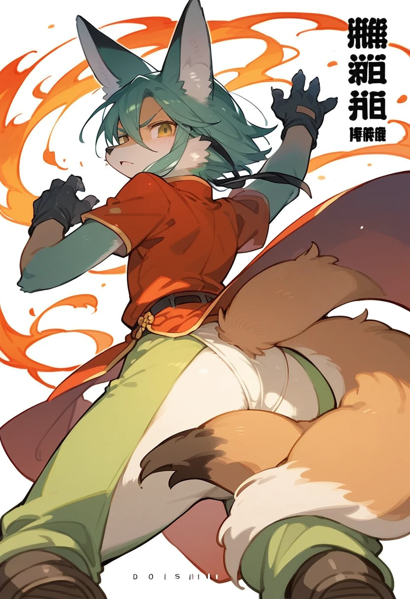 A doujinshi cover with a young male detective and a fox woman in a Chinese dress back to back, furry, kemono, with some elements of 007, battle manga,