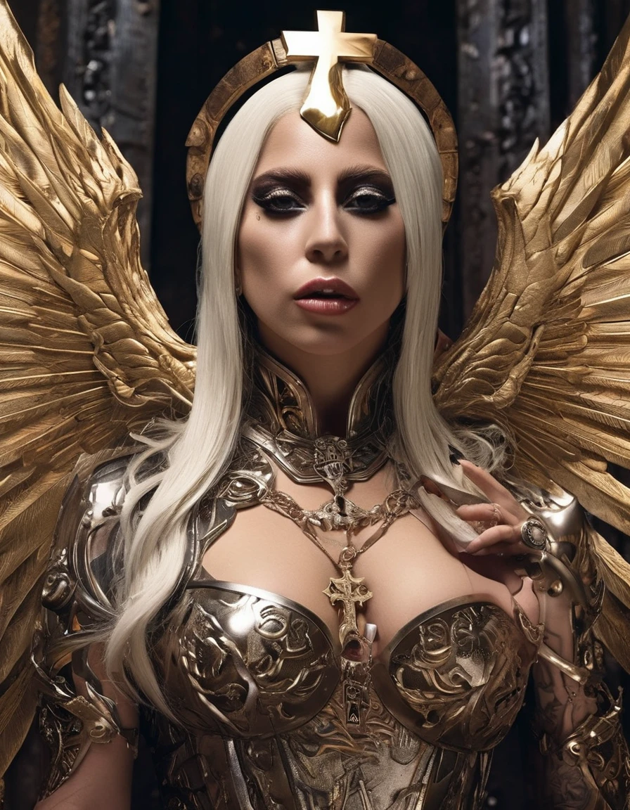 lady gaga with a cross on her chest, inspired by Brom, Not Mark Arian style, inspired by Frank Xavier Leyendecker, , holy cyborg necromancer, inked and colored, Poster. lord of daggers, heavy metal style, Holy Skeleton Queen, estilo Gerald Brom, best qualityer, realisitic, realisitic, award-winning illustration, (Highly detailed face and skin texture), (fully body), (Complicated Detail: 1.2), (finely detail), (Complicated Detail), (Cinematic Lights, better quality backlight), Sharp lines, sharp focus, offcial art, unity 8k wallpaper , absurdrez, inacreditavelmente absurdrez, huge filesize, Ultra naked girl , Fantasyart, RTX,((Closing-up photo by award-winning studio)), , (Shut your mouth), , perfect hands, beautiful detailed eyes, face perfect