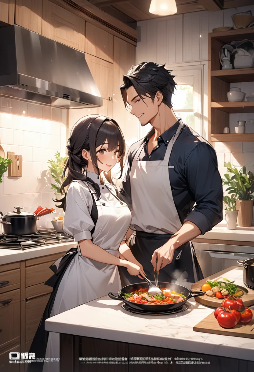 cover page, Cuisine Information Journal, highres, top quality, best quality, paid reward available, High-quality illustrations, unparalleled masterpiece, perfect artwork, absurdres(lovers, housekeeper girl, cooking, wolf husband)Newlyweds, kitchen, smile:0.2, perfect anatomy, cinematic lighting,